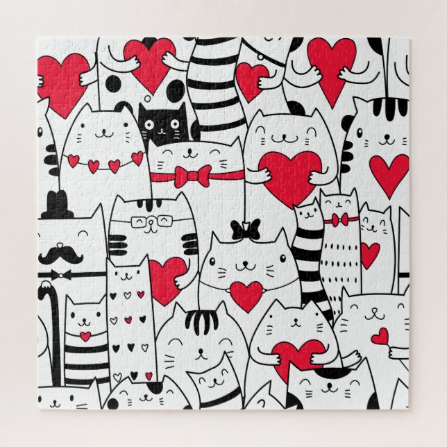 Puzzle Noir Blanc Cute Chat Coeur Rouge (Vertical)