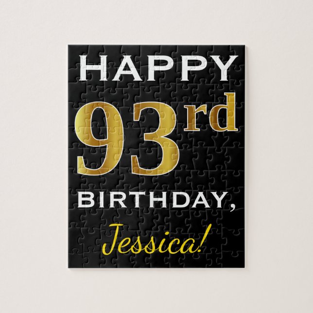 Puzzle Noir, Faux Gold 93ème anniversaire + Nom personnal (Vertical)