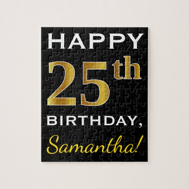 Puzzle Noir, Faux Or 25e anniversaire + Nom personnalisé (Vertical)