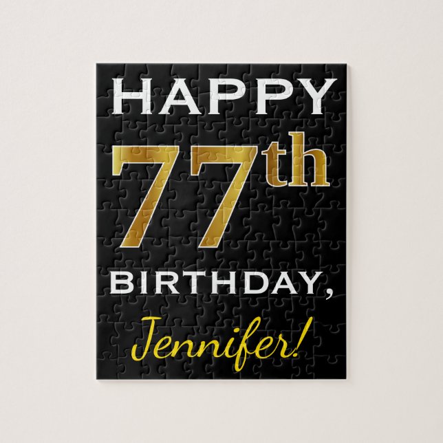 Puzzle Noir, Faux Or 77e anniversaire + Nom personnalisé (Vertical)