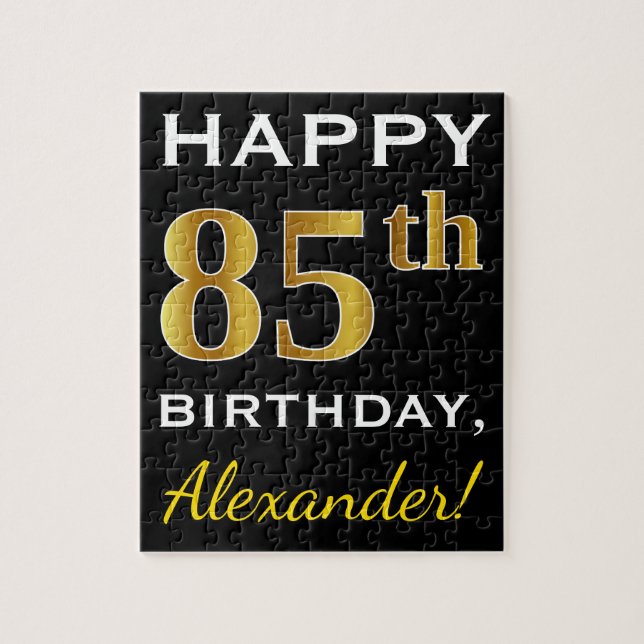 Puzzle Noir, Faux Or 85e anniversaire + Nom personnalisé (Vertical)