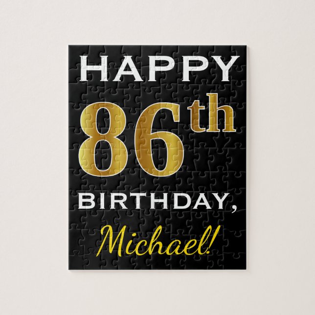 Puzzle Noir, Faux Or 86e anniversaire + Nom personnalisé (Vertical)