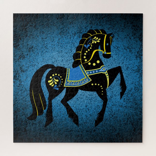 Puzzle Noir folk Etalon de cheval Friesien/frisien en ble (Horizontal)
