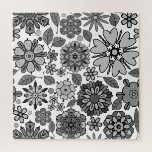 Puzzle Noir gris blanc rétro Art Floral Motif sans coutur