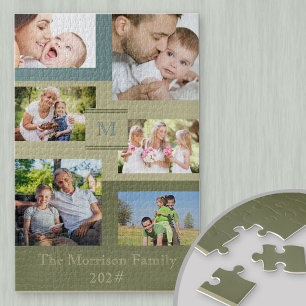 Puzzle Nom de famille et année 6 Collage photo Vert Bleu