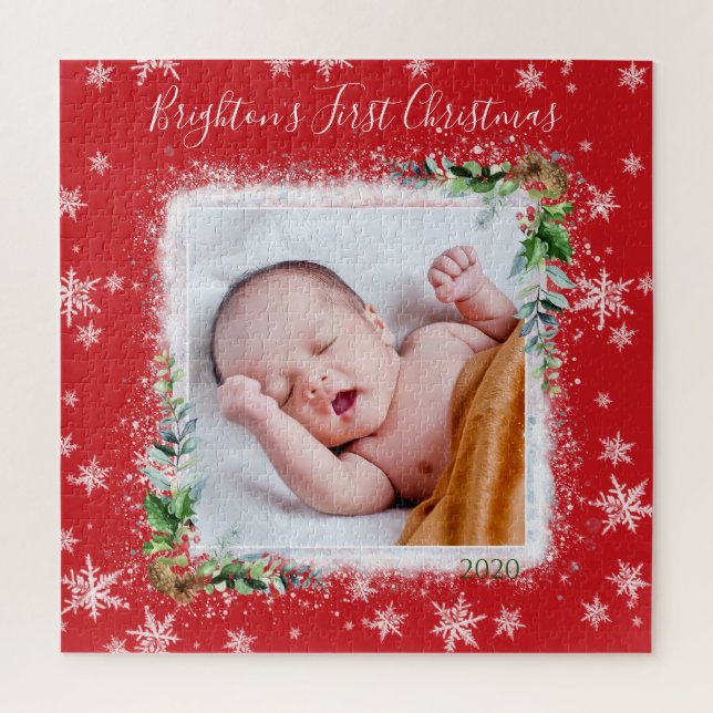 Puzzle Nom de la première photo de Noël du bébé rouge et  (Vertical)