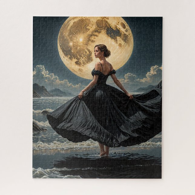 Puzzle Ocean Dance Under the Moon Woman in Black Dress (Vertical)