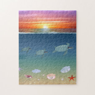 Puzzle Ocean Sunrise, tortues de mer, étoiles, coquillage