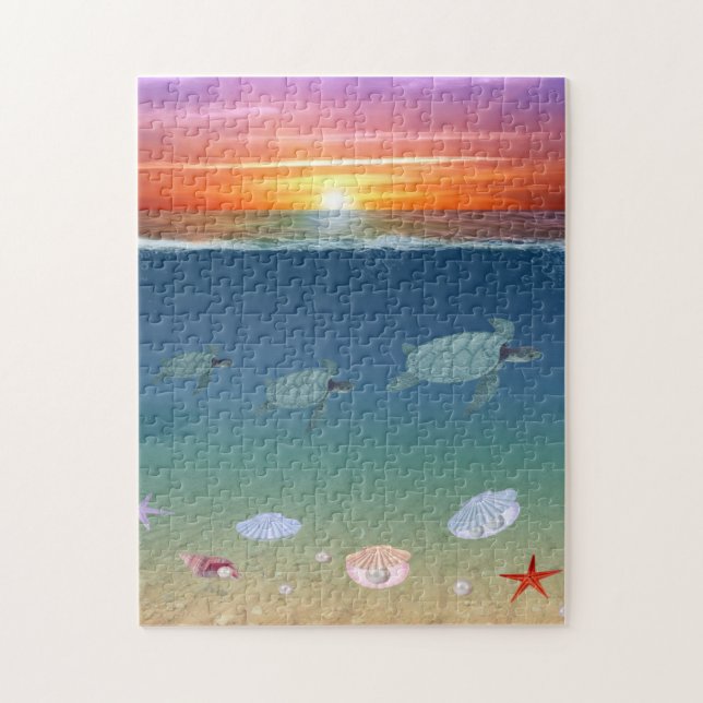 Puzzle Ocean Sunrise, tortues de mer, étoiles, coquillage (Vertical)