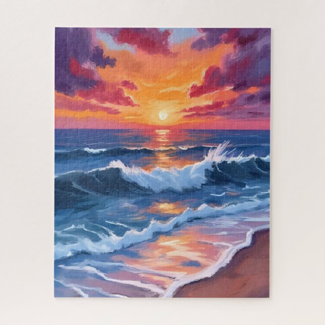 Puzzle Ocean Sunset Beach Waves Watercolor (Vertical)