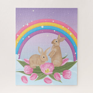 puzzle of bunnies under rainbow with stars 