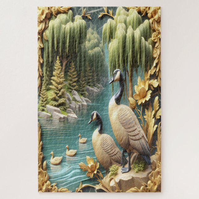 Puzzle Oies du Canada au milieu des saules qui pleuvent (Vertical)