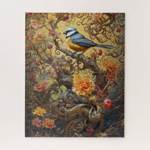 Puzzle Oiseau bleu et jaune sur vignes florales dorées