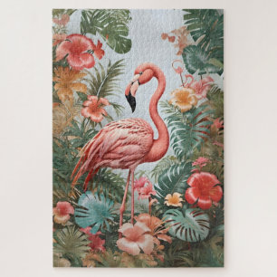 Puzzle Oiseau de Flamant rose rose élégant et fleurs trop