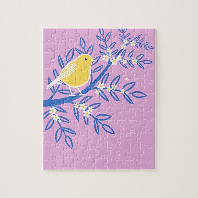 Puzzle Oiseau jaune illustré sur un Arrière - plan rose (Vertical)