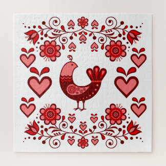 Puzzle Oiseau/perdrix/fleurs/coeur/rouge folklorique