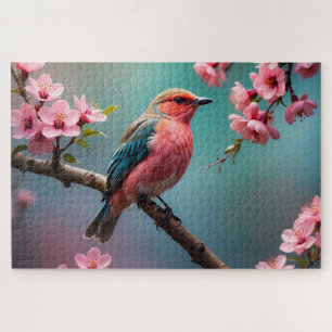 Puzzle Oiseau Rose Bleu avec Fleurs de Cerisier