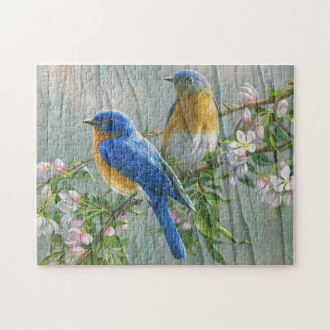 Puzzle Oiseaux Cerisier Fleur Bois Motif Aquarelle Art (Horizontal)