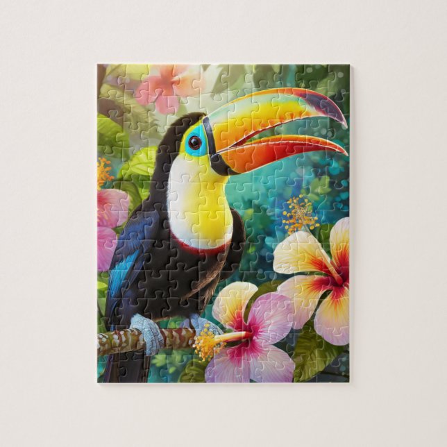 Puzzle Oiseaux tropicaux du Toucan et fleurs d'Hibiscus (Vertical)