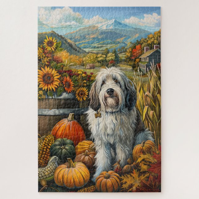 Puzzle Old English Sheepdog Automne Harvest Thankgiving (Vertical)