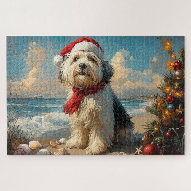 Puzzle Old English Sheepdog Christmas Vintage Beach (Horizontal)