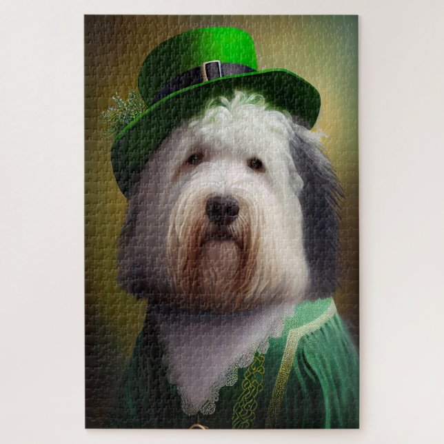 Puzzle Old English Sheepdog en tenue de la Saint-Patrick (Vertical)