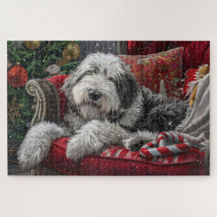 Puzzle Old English Sheepdog Festive de Noël