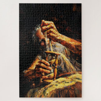 Puzzle Old Man Hourglass Time Slipping Away Impasto
