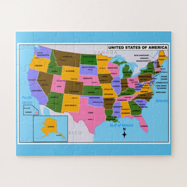 Puzzle OLD USA Carte avec Capitales d'Etat et Golfe du Me (Horizontal)