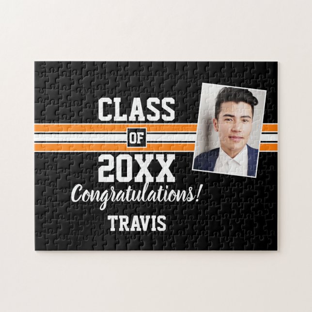 Puzzle Orange and Black Graduation Photo Félicitations (Horizontal)