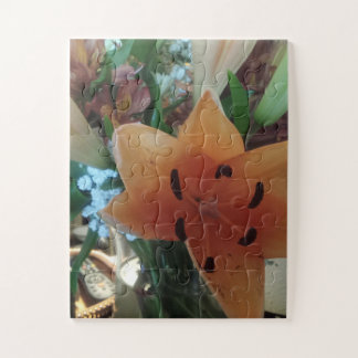 Puzzle orange lily centerpiece Fall floral centerpiece