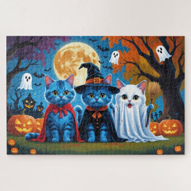 Puzzle Oriental Blue Cats Citrouille Halloween Drôle (Horizontal)