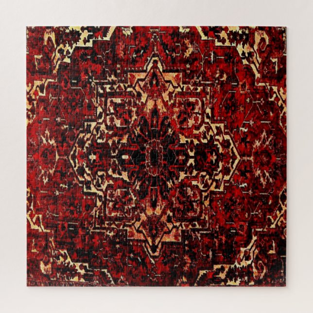 Puzzle Oriental rug design in dark red (Vertical)