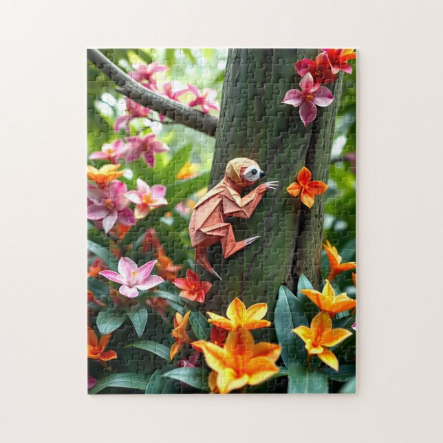 Puzzle Origami Sloth climbing a tree in a luscious jungle (Vertical)