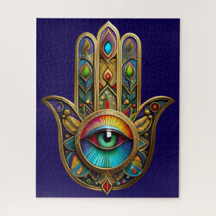 Puzzle Orné Hamsa Coloré Or Sur Fond Rouge Troisième Œil