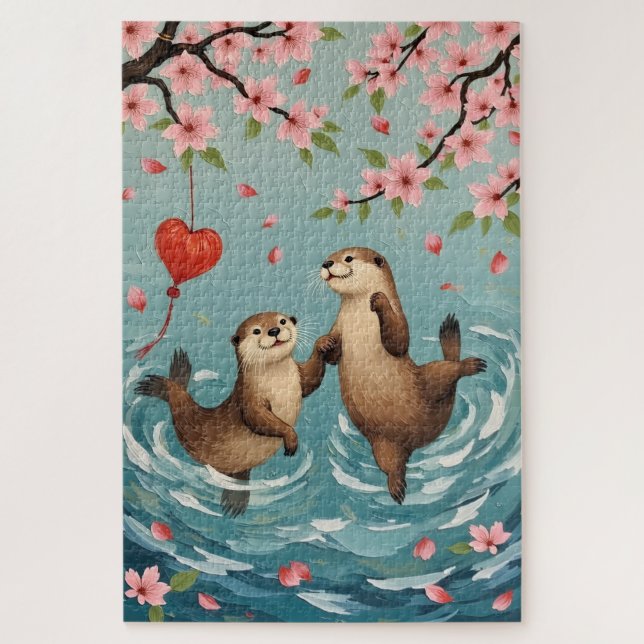 Puzzle Otters Holding Paws with Valentine Lantern (Vertical)