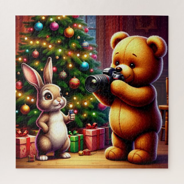 Puzzle Ours adorable et lapin capturant Noël (Vertical)