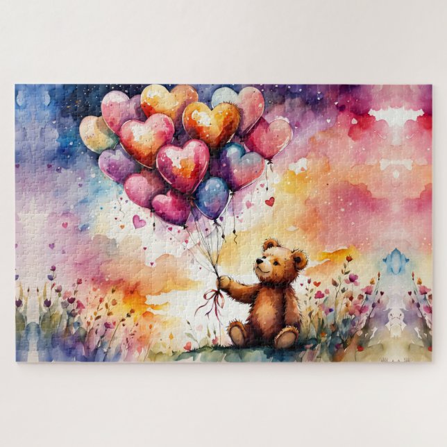 Puzzle Ours en peluche avec ballons en forme de coeur (Horizontal)