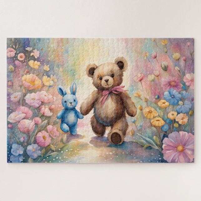 Puzzle Ours en peluche et lapin dans un jardin pastel (Horizontal)