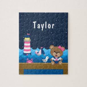 Puzzle Ours fille nautique rose et marine