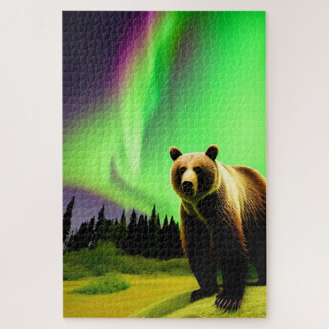 Puzzle Ours grizzli de l'Alaska et Aurora boréale verte (Vertical)