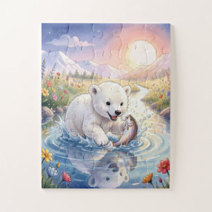 Puzzle Ours polaire jouant avec un poisson