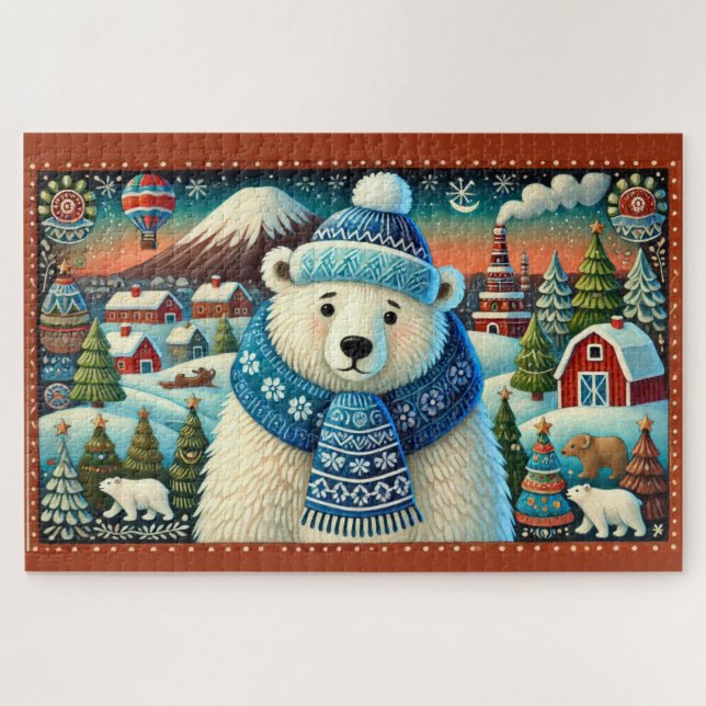 Puzzle Ours polaires du village et arbres de Noël (Horizontal)