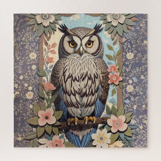 Puzzle Owl Pastel Floral William Morris Inspiré (Vertical)