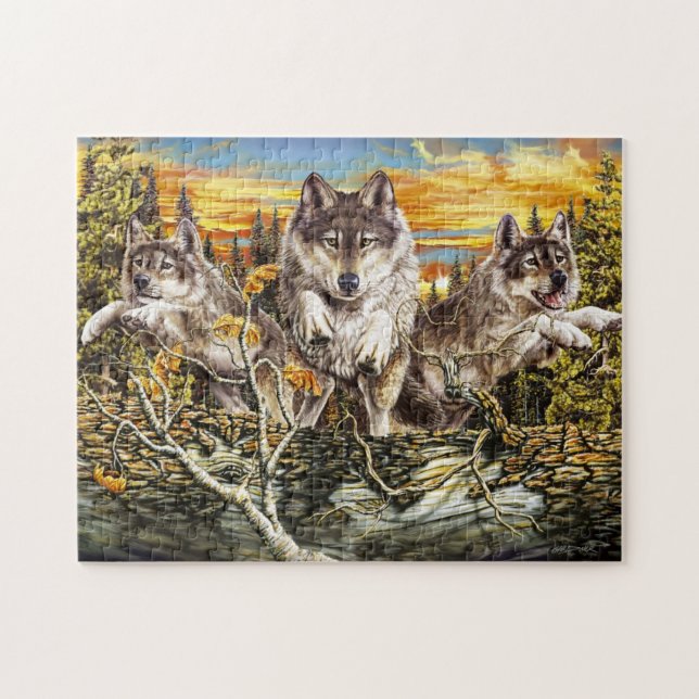Puzzle Pack de loups sautant sur un bûcher (Horizontal)