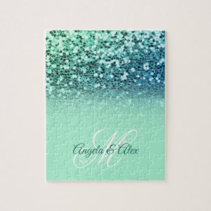 Puzzle Pailleté Bleu Menthe Turquoise Glitter Ombré Monog