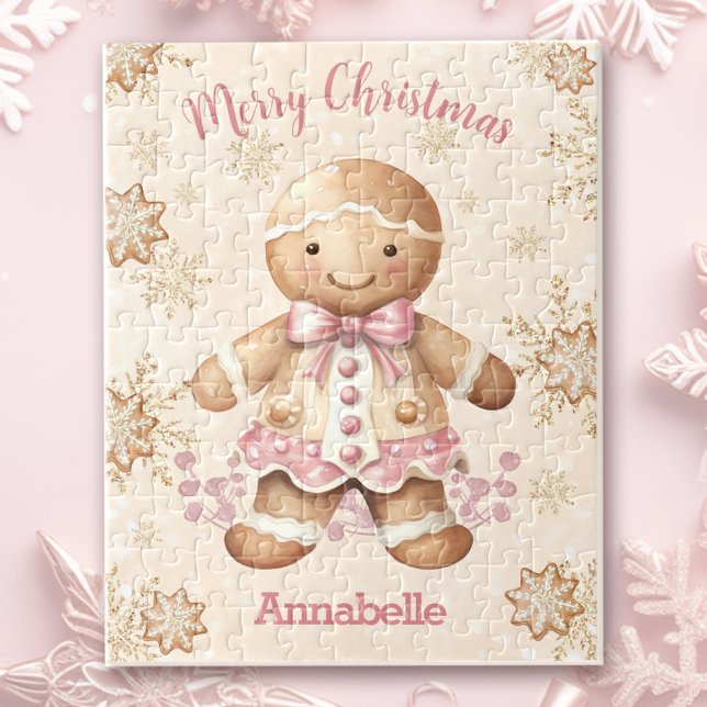 Puzzle Pain d'épices mignon homme fille rose Nom Noël (Cute Gingerbread Man Girl Pink Name Christmas Jigsaw Puzzle)