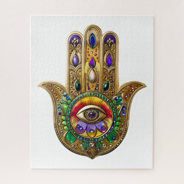 Puzzle Painted Gold Hamsa Amethyst Ruby Third Eye (Vertical)