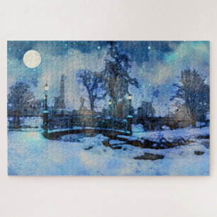 Puzzle Painting of winter night in city park