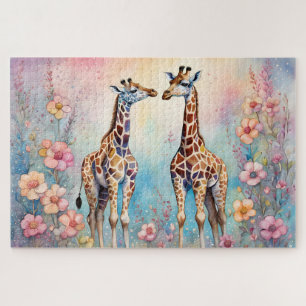 Puzzle Paire de girafes dans un jardin pastel